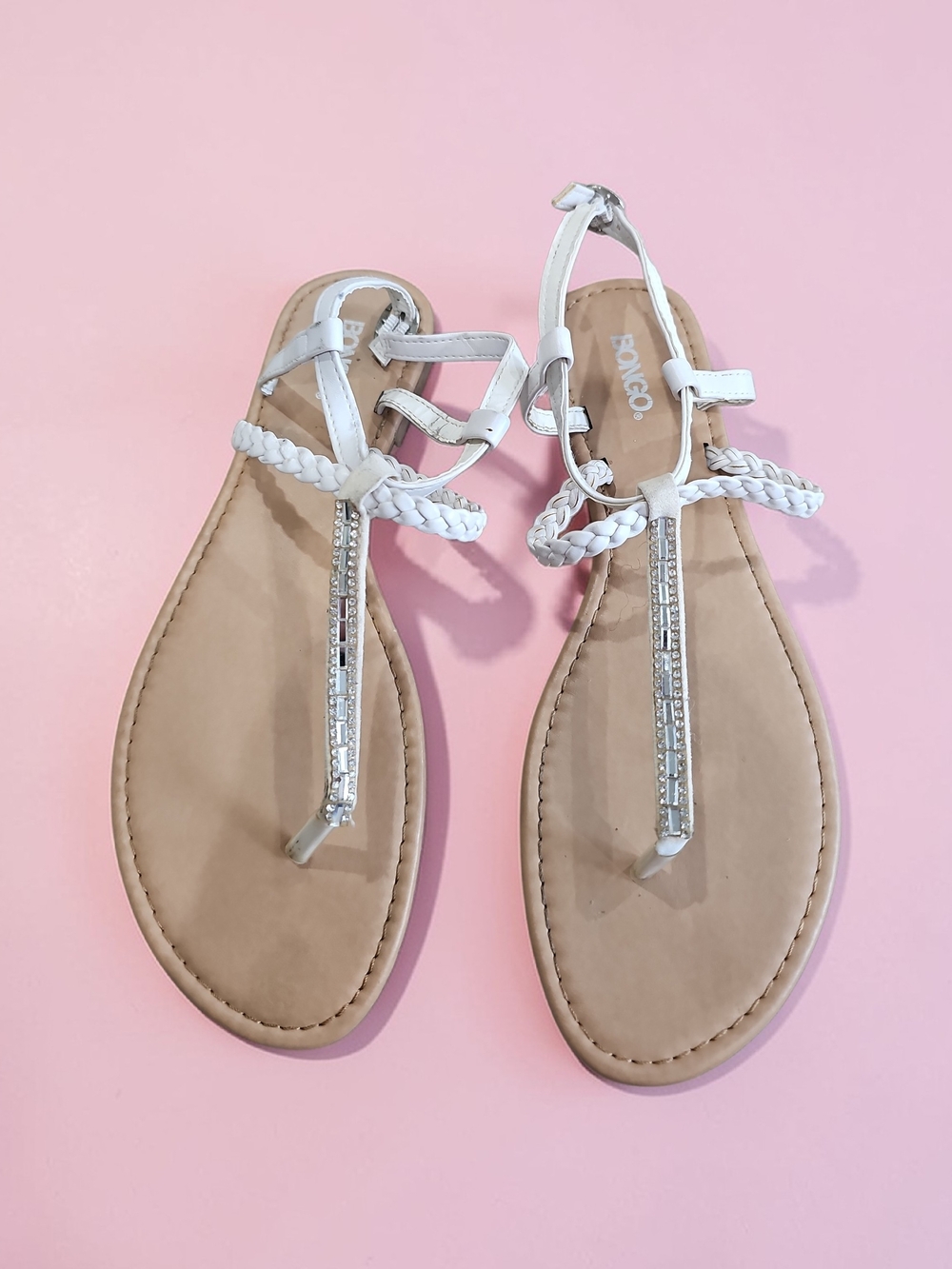 Bongo White Braided T-Strap Sandals with Rhinestone Accents